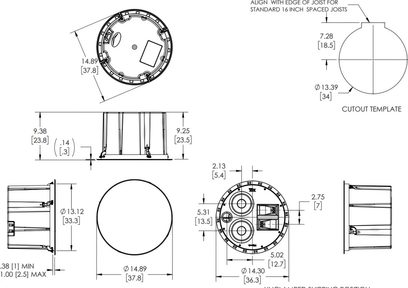 Esquema técnico de un altavoz empotrable de pared Klipsch THX-5002-S con dimensiones y plantilla de corte, vista frontal