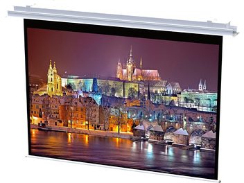 Oray Orion motorized projection screen recessed in the ceiling, displaying a nighttime view of Prague
