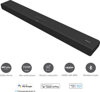 TCL TS8132 sort soundbar, set oppefra, med trådløs subwoofer, HDMI ARC, kompatibel med Hey Google, Apple AirPlay, Alexa