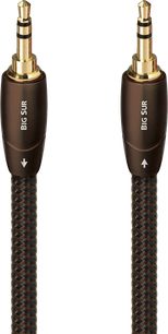 Analogt mini-jack 3,5 mm kabel Audioquest Big Sur Jack/Jack 5 m, sort og brun flettet nylonkappe, brune metalstik med guldbelagt spids, dobbelt sort ring og hvid påskrift “BIG SUR”, set forfra på begge ender