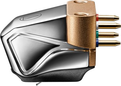Audio Technica AT-ART20 pickup set set fra siden, sølvfarvet metalkrop og gylden blok med fire farvede stikpinde