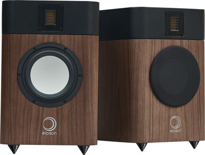 Regálové reproduktory Elipson Legacy 3210 ořech, pohled zepředu, tmavé dřevěné ozvučnice, černé reproduktory, centrální výškový reproduktor