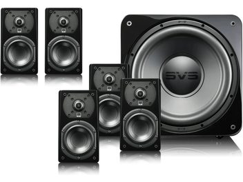 Set di diffusori 5.1 SVS Prime in nero lucido, composto da un subwoofer, due diffusori da libreria e tre diffusori compatti, visti frontalmente