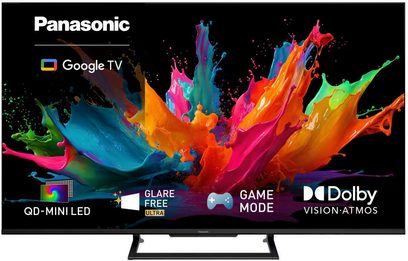 Televisor Panasonic TN-55W90C com moldura fina, salpicos multicoloridos sobre fundo preto no ecrã e pés pretos