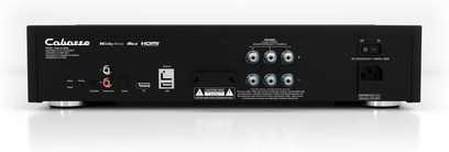 Bagside af det mat sorte metal-kabinet på Cabasse Pearl Theater 5.1, med seks sølvfarvede højttalerterminaler, HDMI-, USB-, Ethernet- og RCA-porte samt en afbryder og et netstrømsstik