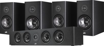 Polk Audio R200 sort højttalerpakke, 9 sorte fronthøjttalere på sorte rektangulære kabinetter, set forfra