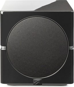 Dynamo 12 subwoofer i sort højglans, frontvisning, centreret sort cirkulært gitter, skinnende overflade, afrundede hjørner