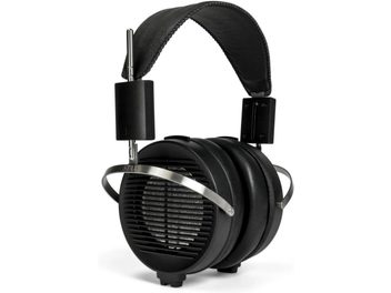 Öppen hifi-hörlur STAX SR-X1, framifrån, svart läderbygel, runda svarta öronkuddar med metallgaller och silverfärgade sidostöd