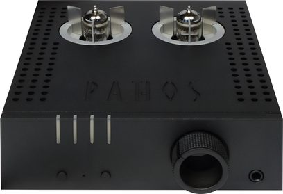 Preamplificator pentru căști Pathos Aurium negru, vedere de sus, 2 tuburi cu vid, 2 potenţiometre, conectori jack de 6,35 mm în față