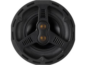 Monitor Audio AWC265 T2 in-wall speaker, front view, black grille with 2 golden speakers in the center, circular black frame