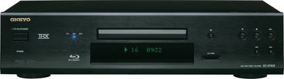 Onkyo BD-SP808 4K Blu-ray-afspiller, sort front med blåt display, knapper og diskskuffe, set forfra