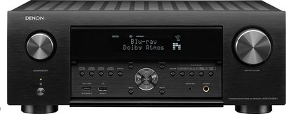 Denon AVR-X4500H sort hjemmebiografsforstærker, frontvisning, blå skærm "Blu-ray Dolby Atmos", frontknapper og -stik