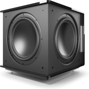 Subwoofer MartinLogan Grotto 15 v černém lesklém provedení, pohled z úhlu s dvojitými bočními reproduktory a boční rukojetí