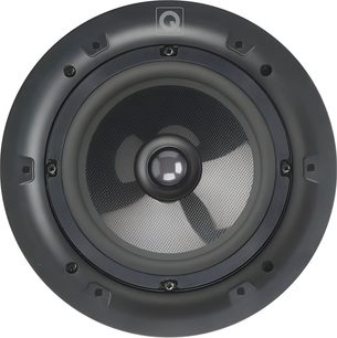 Sort indbygget loftshøjttaler Q Acoustics Qi65CP i plast med kompositfiber-membran og centralt placeret dome-diskant, set forfra