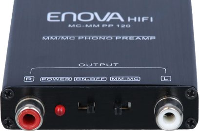 Enova HIFI MC-MM PP 120 phono forforstærker, sort rektangulært kabinet, røde og hvide RCA-stik, kontakter og rød LED