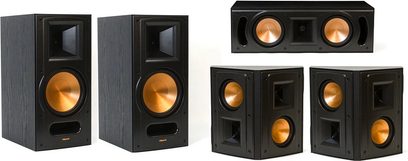 Klipsch RB-61 MKII + RC62 sort højttalerpakke: 2 reolhøjttalere og 1 centerhøjttaler, synlige højttalerenheder