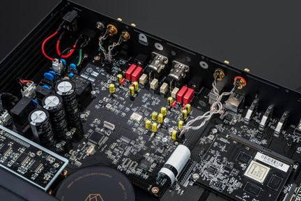 Inuti ett svart metallhölje, svart kretskort med svarta och gula kondensatorer, förgyllda RCA- och XLR-kontakter, sned vy