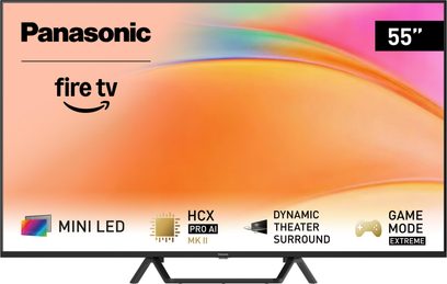 Televisor de alta definición Panasonic TV-55W95BEG de 55 pulgadas, marco fino de plástico negro, pantalla mostrando un degradado anaranjado y montado sobre doble pie central en V invertida, vista frontal