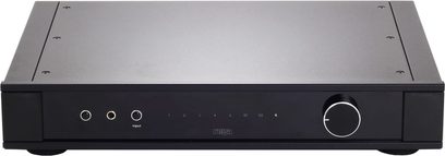 Rega Elex MK4 stereo hi-fi amplifier in matte black, brushed aluminum faceplate, knobs, LEDs, headphone jack, front view