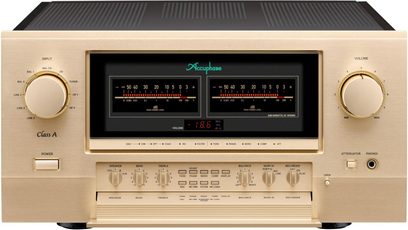 Στερεοφωνικός ενισχυτής Accuphase E-800S σε αλουμίνιο champagne βουρτσισμένο, μπροστινή όψη, δύο μετρητές VU, μεγάλα κουμπιά για τον όγκο και την είσοδο