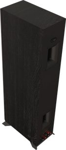 Klipsch RP-5000F II gulvhøjttaler ebony 2022-udgave set fra 3/4 bagfra, mørk træfinish, tilslutningsterminaler