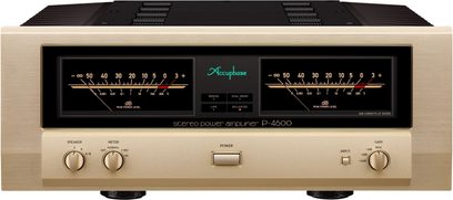 Integrert stereo hi-fi forsterker P-4600, frontvisning, gyllen finish, 2 store VU-målere, 3 sirkulære knapper, 1 sentral bryter