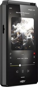 Hiby R6 III 2025 audiophil musikafspiller sort, tændt touchskærm med øverste drejeknap, set i trekvartperspektiv