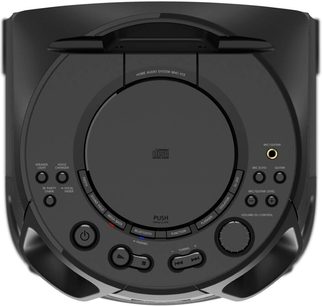 Przenośny głośnik bluetooth Sony MHC-V13 widok z góry, czarne okrągłe przyciski, sterowanie audio, widoczne złącza