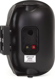 Rear view of black ArtSound ASW550 outdoor speaker with connection terminals and adjustable wall mount