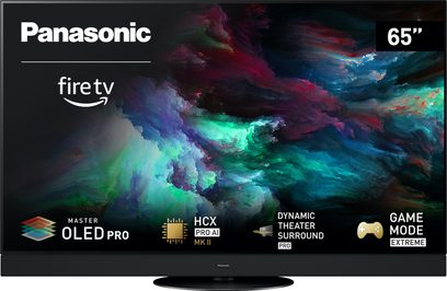 Panasonic TV-65Z90AEG højdefinitionsfjernsyn, 65-tommer skærm, set forfra, logoer fire tv, Master OLED Pro, HCX Pro AI MK II, Dynamic Theater Surround Pro, Game Mode Extreme