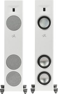 Altavoces de columna MartinLogan Motion F10 blanco mate con dos altavoces circulares y un tweeter rectangular en cada unidad