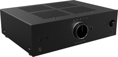Hi‑Fi підсилювач Onkyo ICON A‑50 чорний метал, вигляд під кутом три чверті, велика центральна ручка, вихід для навушників 6,35 мм, верхні вентиляційні решітки