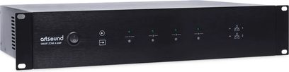 Wzmacniacz multiroom lub multi-strefowy Smart Zone 4 Amp, widok z przodu, czarna obudowa, 4 zielone wskaźniki, 4 szare przyciski, 2 czarne przyciski