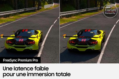 Žluté a černé sportovní auto s červenými pruhy, pohled ze 3/4 zezadu, na asfaltové silnici lemované stromy