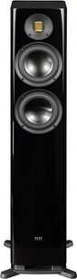 Elac Solano 2.0 FS287.2c højttalerkolonne, sort lakeret kabinet, forfra set, med to woofere, gyldent båndtweeter, sokkel