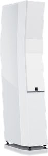 Enceinte colonne SVS Ultra Evolution Tower blanc laqué, vue de face, forme rectangulaire verticale, base plus large que le sommet