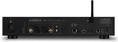 Netzwerk-Audioplayer Audiolab 9000N schwarz, Rückansicht mit RCA-, XLR-, Ethernet-, USB-Anschlüssen, Wi-Fi-Antenne und Netzschalter