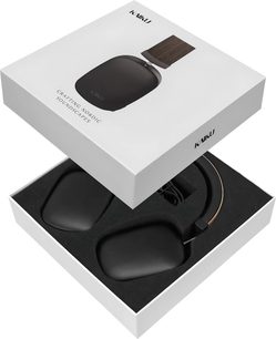 Fone de ouvido hi-fi Kaiku Wave em nogueira preta em seu estojo branco aberto com espuma de proteção