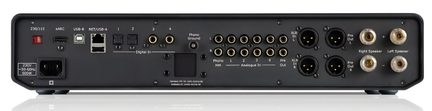 Rear of black hi-fi amplifier with eARC, USB, analog inputs and XLR, pre-out outputs and speaker terminals