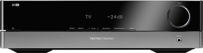 Harman Kardon HK 980 stereoforstærker set forfra, sort front, blåt display, sølvfarvede knapper