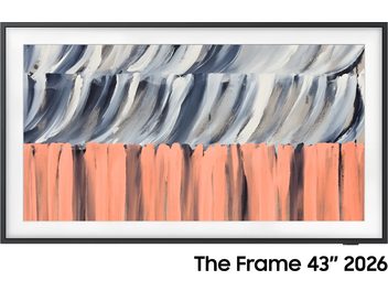 Samsung The Frame TQ43LS03HE 2026 -televisio ohuella mustalla kehyksellä ja näytöllä harmaan, sinisen ja korallin sävyinen abstrakti teos