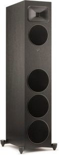 MartinLogan Foundation F2 gulvhøjttaler i mat sort, set forfra, 4 cirkulære højttalerenheder placeret lodret på den matte sorte front