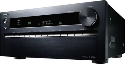Onkyo TX-NR1030 sort hjemmebiografsforstærker, frontvisning, display "BD/DVD Dolby Atmos", knapper og kontrolhjul