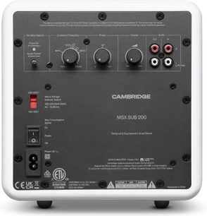 Subwoofer Cambridge Audio MSX Sub 200 alb, vedere din spate cu panou de reglaje și conectică