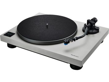 White Technics SL-40CBT turntable, three-quarter view, with black platter and black tonearm