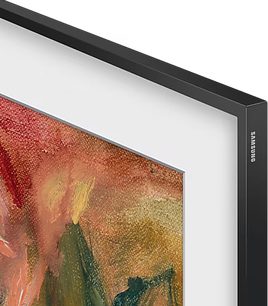 Samsung højopløsnings-tv F-TQ65LS03D-BF, sort ramme, set fra en vinkel, øverste højre hjørne, skærm viser et farverigt maleri