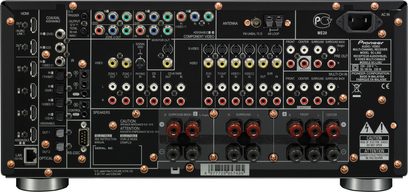 Pioneer SC-LX82 hjemmebiografsforstærker, frontpanel, frontvisning, mange stik og knapper, central LCD-skærm, sort finish