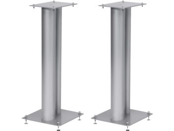 Due supporti per diffusori Norstone Design Stylum 2 color argento satinato, cilindrici, in metallo, su sfondo bianco