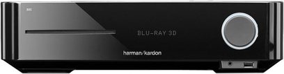 Harman Kardon BDS-270 Schwarz Heimkinoverstärker, Frontansicht, schwarze Frontblende mit blauem LCD-Display, Tasten und Kontrollrad