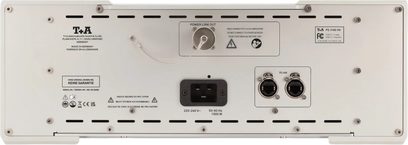 Separates Hi-Fi-Netzteil T+A PS 3100HV in Silber, Rückansicht mit Netzanschluss, runden Steckverbindern und Lüftungsöffnungen